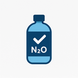 Botella azul de óxido nitroso con símbolo de verificación y texto N₂O, ícono para gas alimentario en repostería profesional.