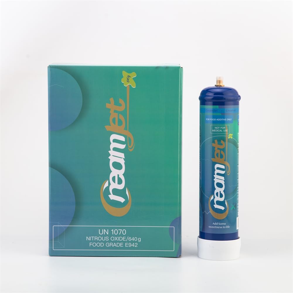 Botella de óxido nitroso 580g con etiqueta verde y blanca