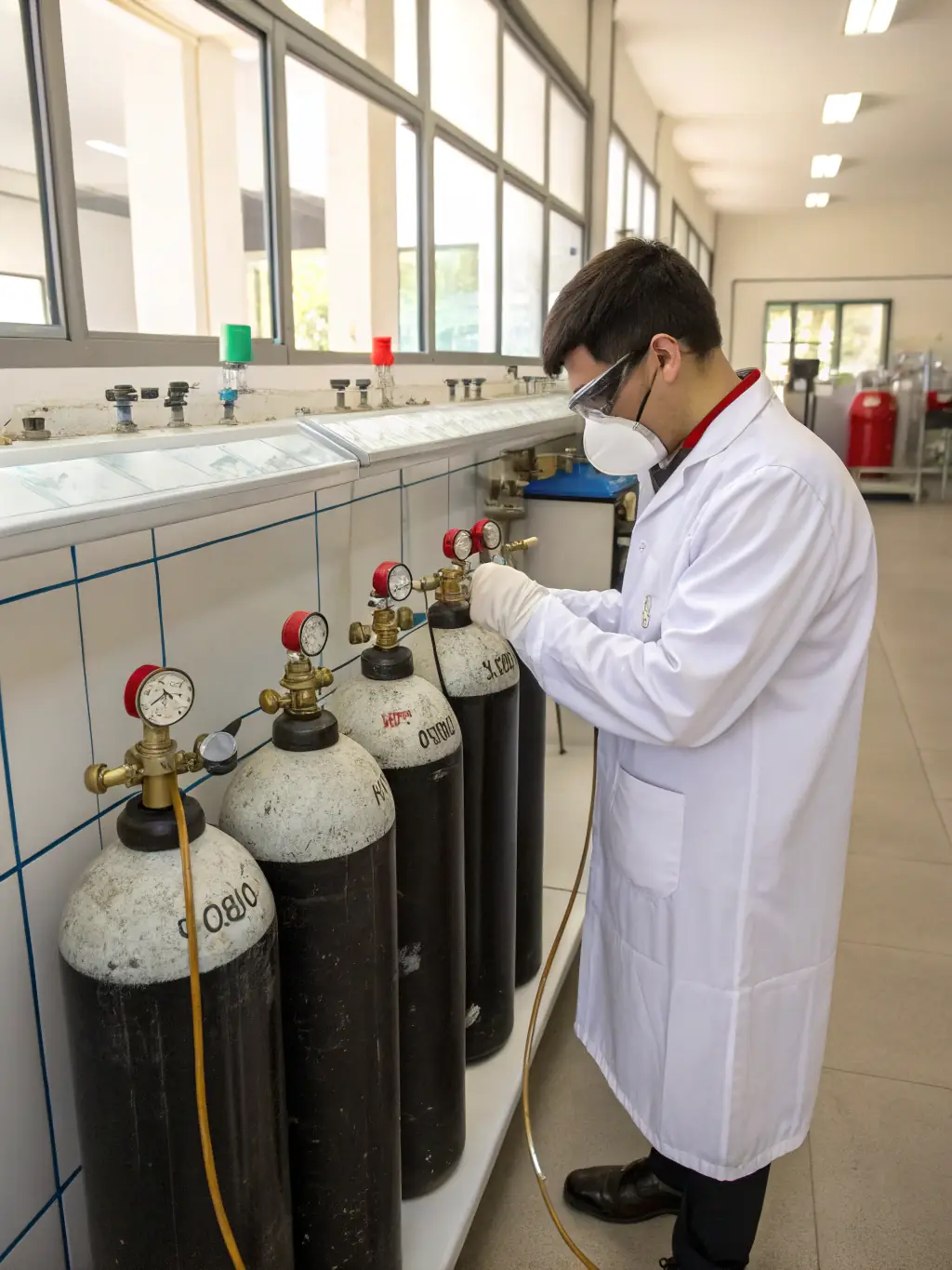 Técnico verificando botellas de óxido nitroso en laboratorio