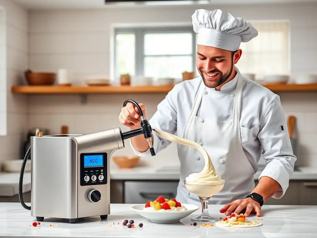 A food-grade nitrous oxide bottle being used in a professional kitchen to prepare whipped cream, highlighting its purity and ease of use.